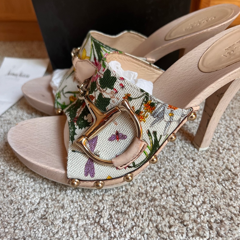 Gucci Floral Canvas Wooden Heels Women’s Size 8 Cream Floral Print Pattern - Picture 11 of 15